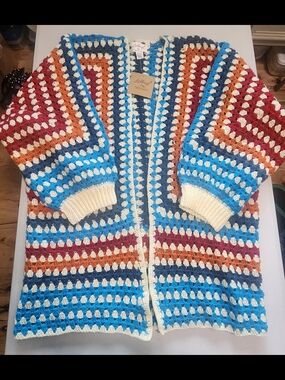 Crochet Open-Front Cardigan Sweater in Blue, Cream & Rust